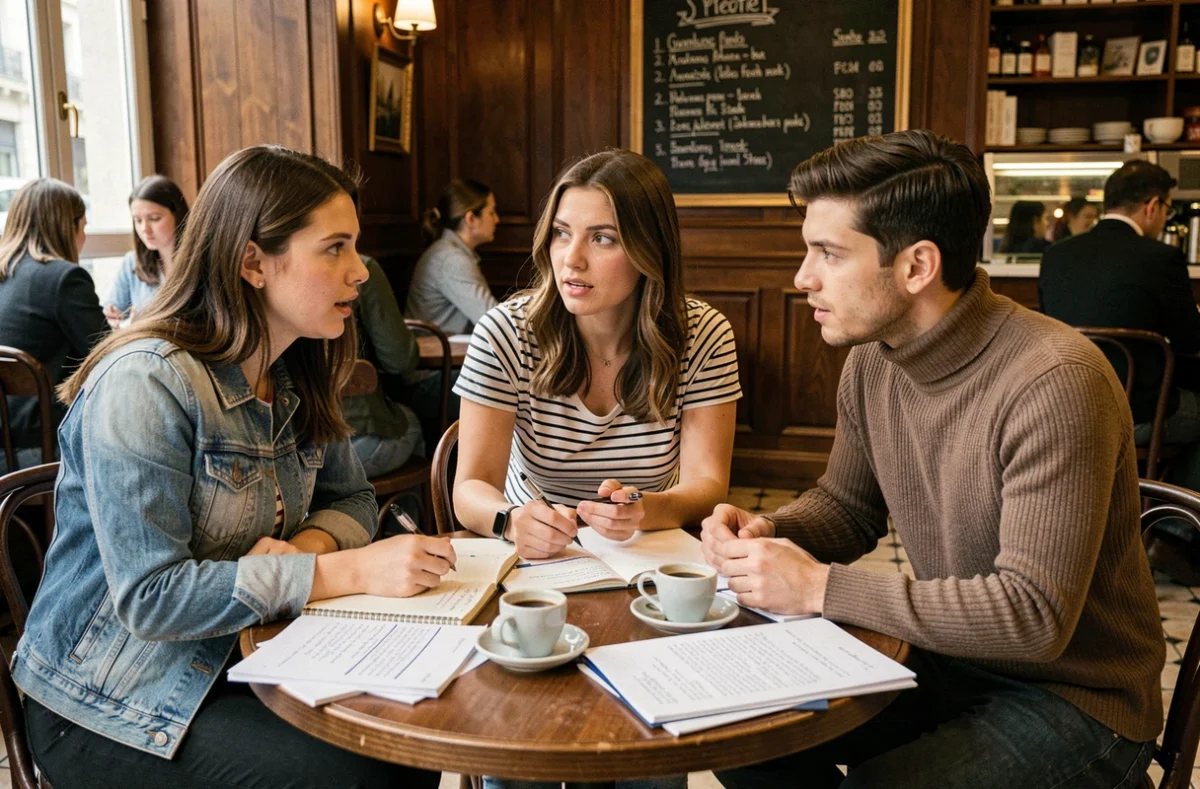 Groupe de jeunes adultes discutant de philosophie existentielle de Kierkegaard autour d'une table de café