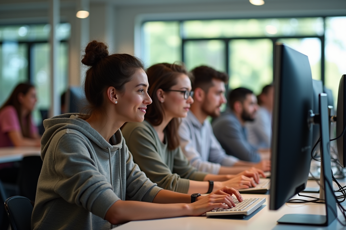 Groupe de jeunes en laboratoire informatique lumineux