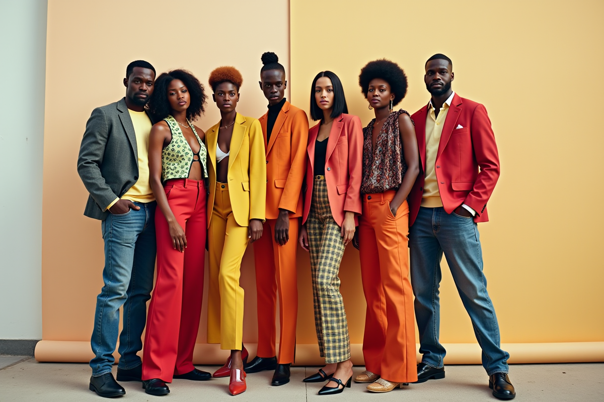 Groupe de personnes mode posant avec styles variés et couleurs vives