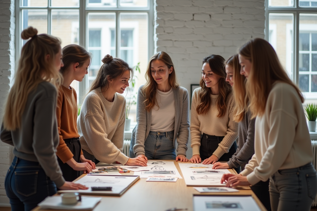 Groupe de femmes discutant de mood boards en studio