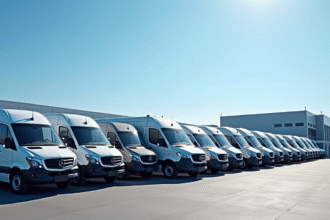 Vans commerciaux neufs alignés dans une concession en plein jour