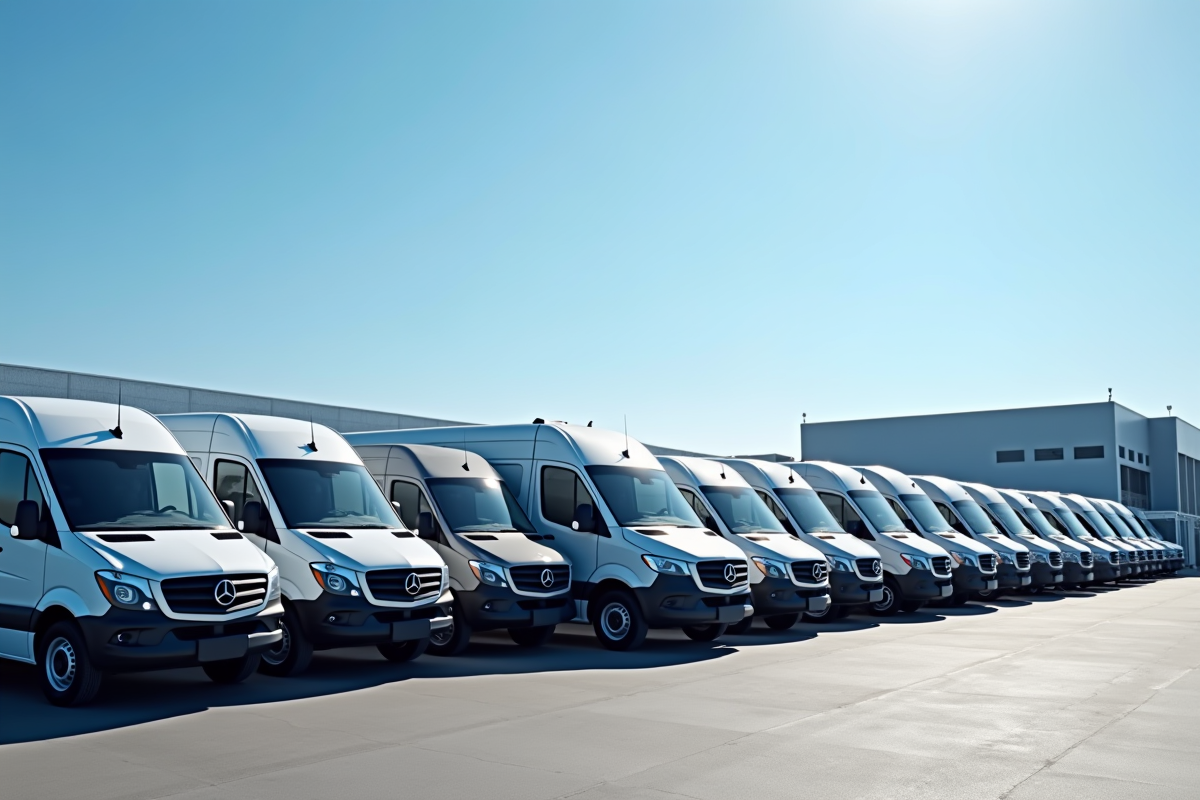 Vans commerciaux neufs alignés dans une concession en plein jour