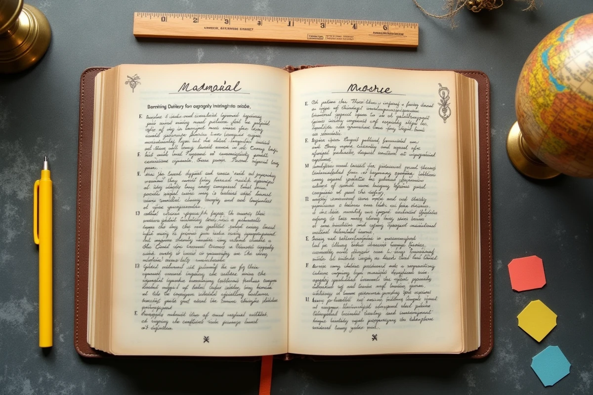 Vue à plat d'un guide de géographie annoté avec des drapeaux de couleur et un globe vintage sur un bureau