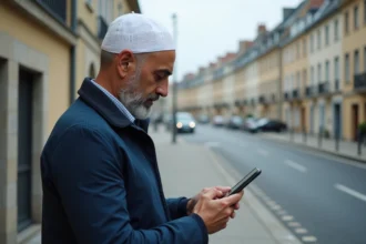 Homme consultant les heures de prières à Bezons sur son smartphone en plein air