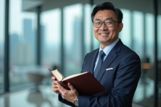Homme d'affaires asiatique en costume bleu dans un bureau moderne