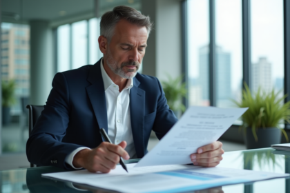 Homme d'affaires en costume bleu examinant des documents immobiliers