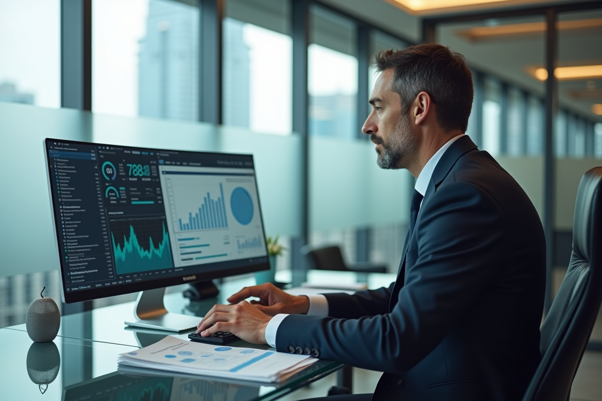 Homme d'affaires en costume au bureau avec rapport de crédit