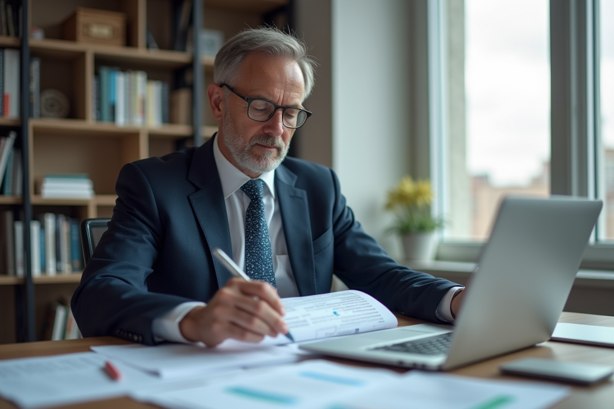 Homme d'affaires en costume au bureau avec documents et ordinateur