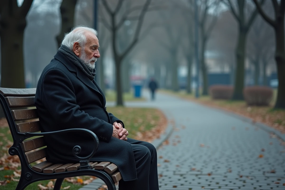 Homme âgé assis seul sur un banc de parc en automne, tête baissée dans une attitude de méditation solitaire et de tristesse