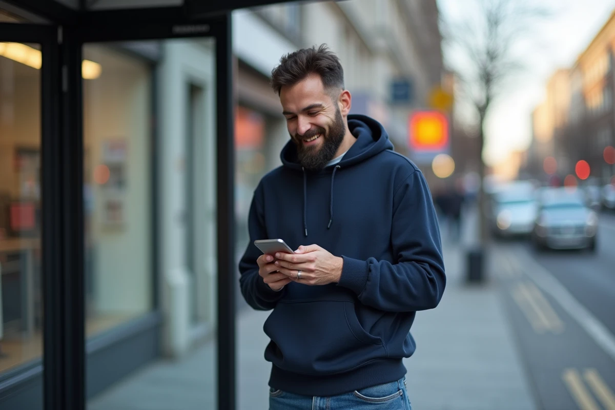 Homme souriant utilisant son téléphone à un arrêt de bus en ville