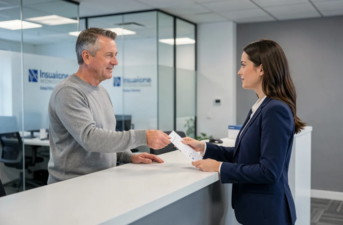 Homme récupérant son attestation mutuelle auprès d'un conseiller en agence d'assurance