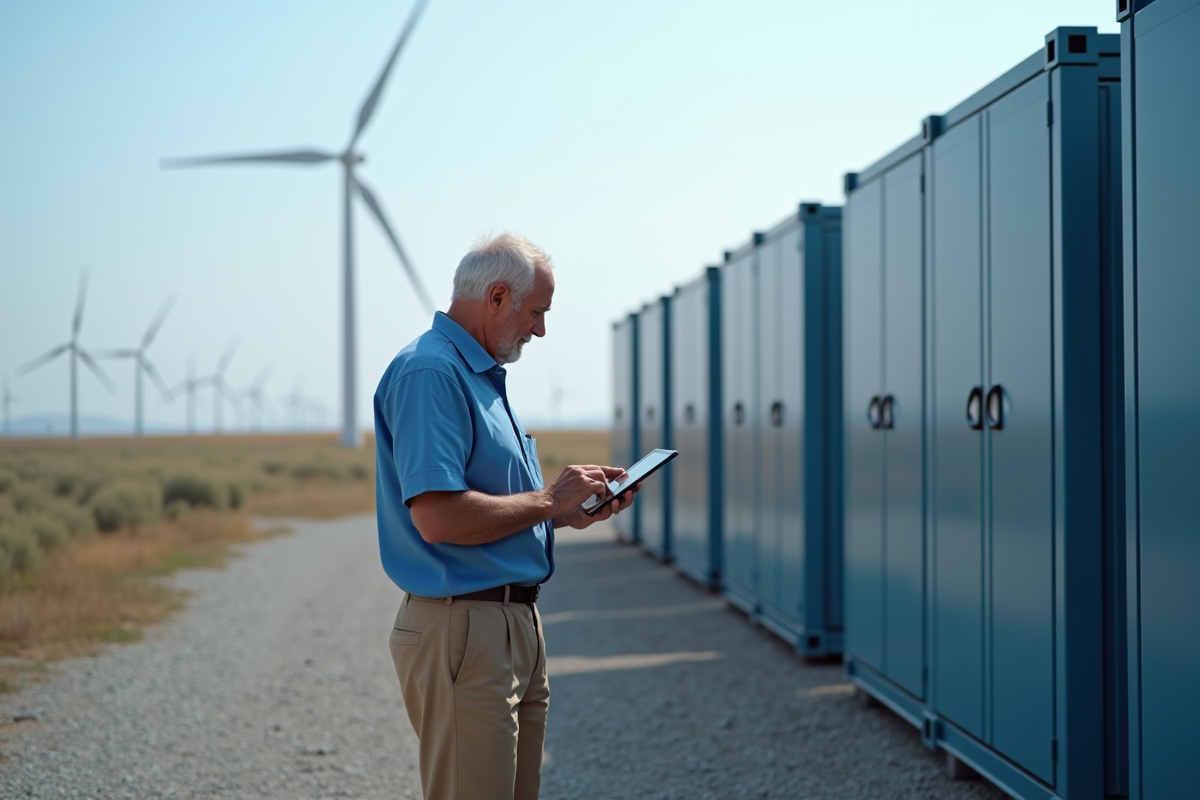 Homme vérifiant des batteries industrielles en extérieur avec turbines