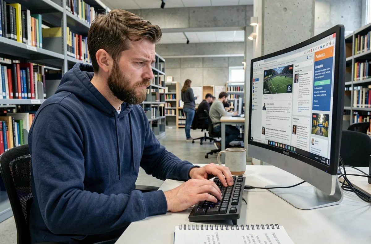Homme barbu en bibliothèque moderne consultant plusieurs onglets Wikipédia sur un ordinateur de bureau pour progresser dans le jeu Pedantix