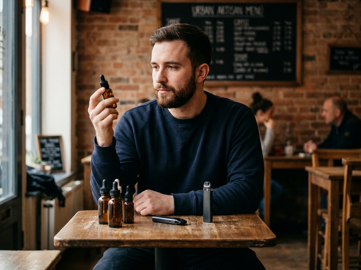 Homme attablé dans un café comparant plusieurs e-liquides pour son pod, guide de sélection des formats et des saveurs