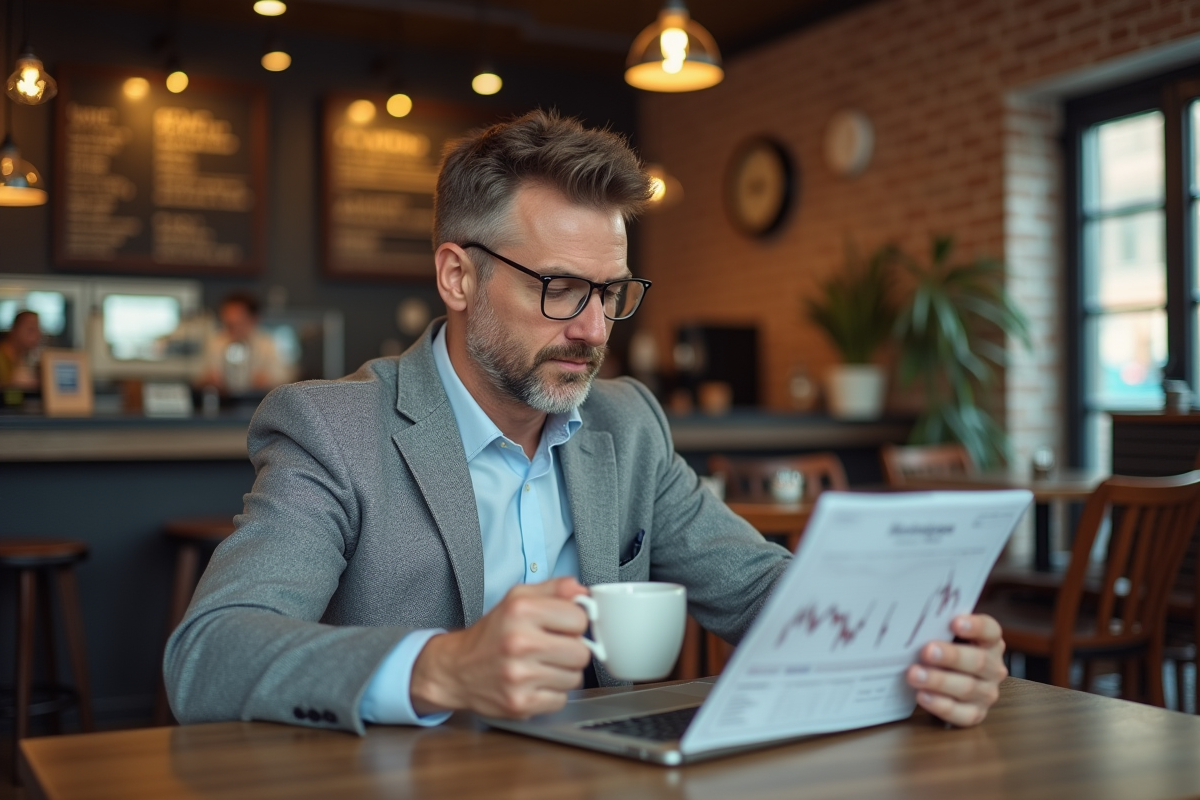 Homme consulte un graphique de taux immobilier au café