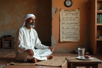 Homme consultant un calendrier Ramadan pour vérifier l'horaire Imsak quotidien affiché sur le mur
