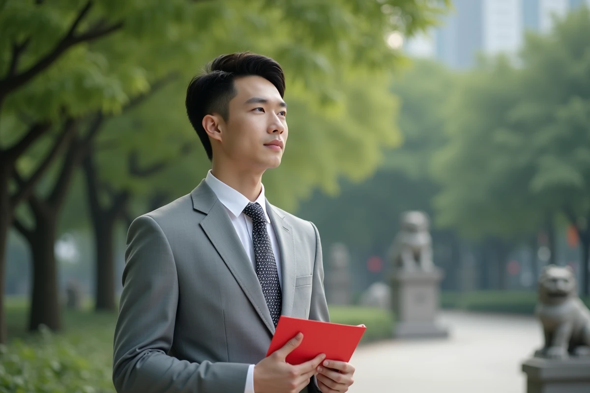 Jeune homme chinois avec enveloppe rouge dans un parc
