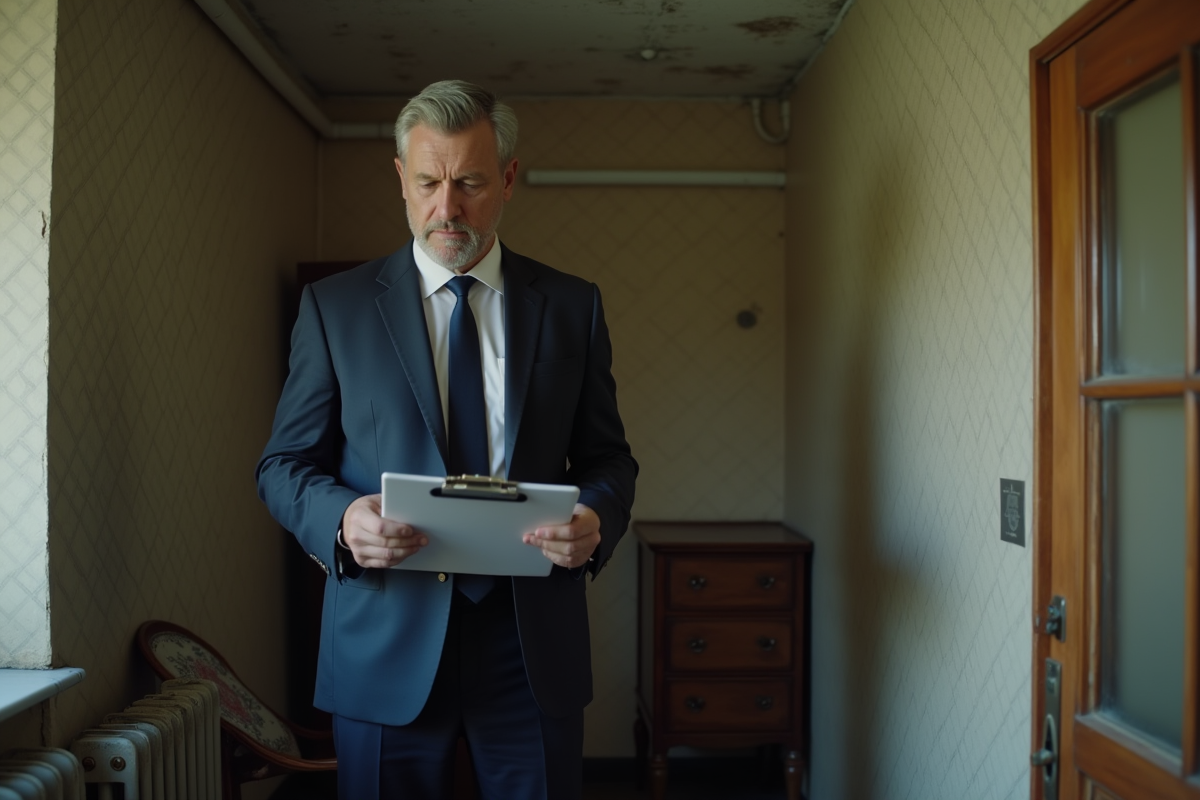 Homme en costume dans un appartement ancien et encombre