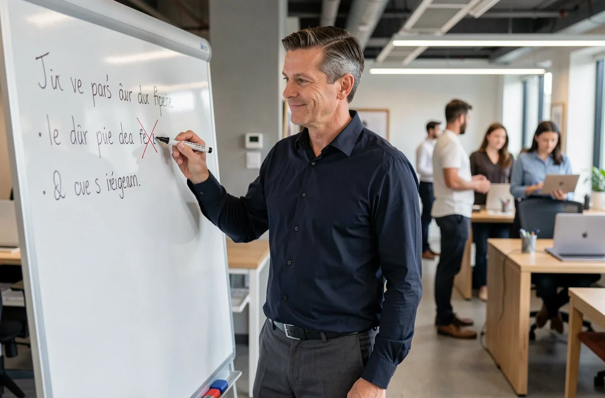 Homme d'affaires corrigeant une phrase écrite sur un tableau blanc dans un bureau moderne en open space
