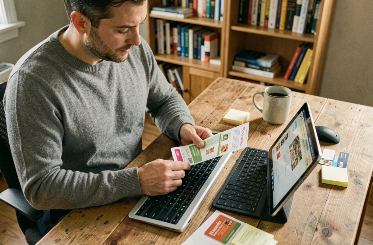 Homme comparant bons de réduction fidélité Carrefour et commande en ligne sur tablette à son bureau