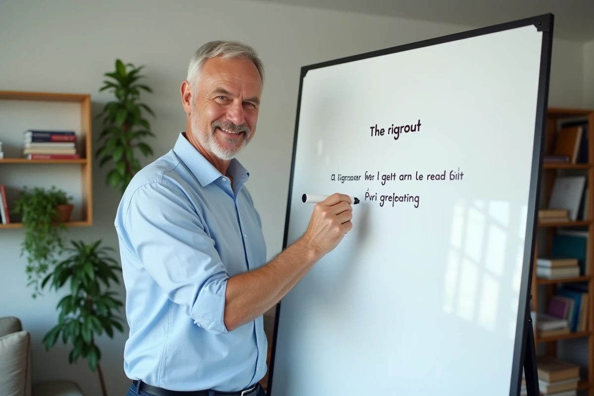 Homme souriant écrivant sur un tableau blanc à la maison