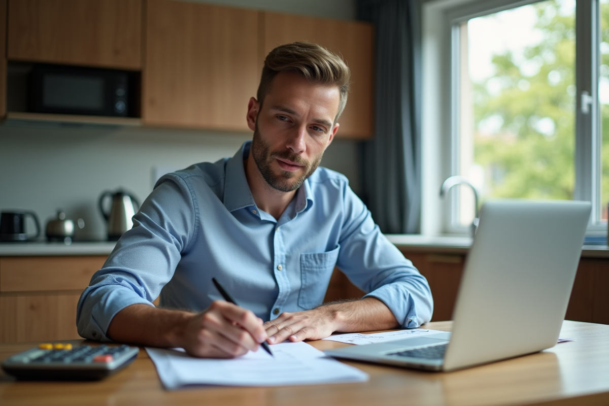 Homme d'affaires examine documents fiscaux à la maison