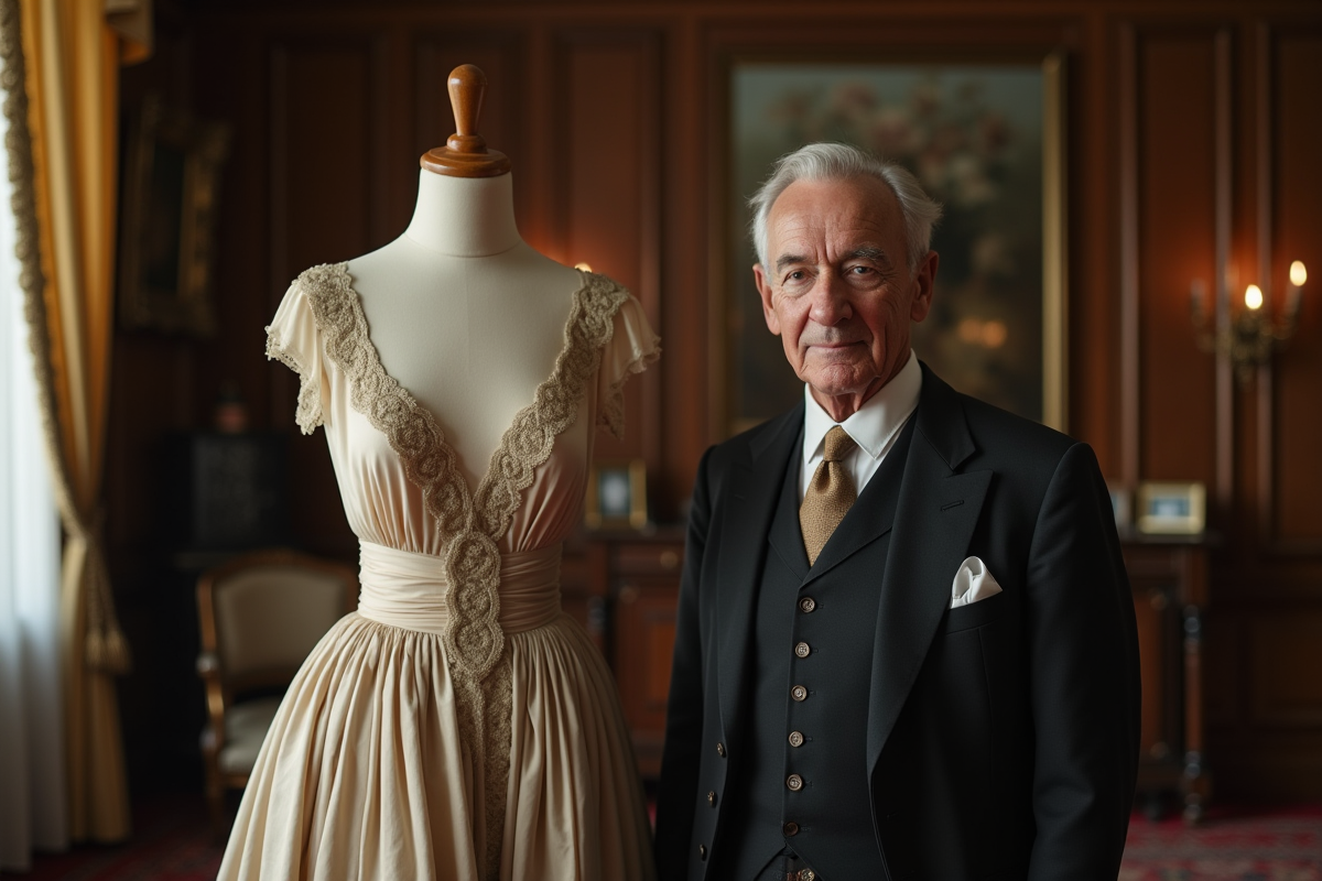 Homme français élégant avec mannequin et robe haute couture