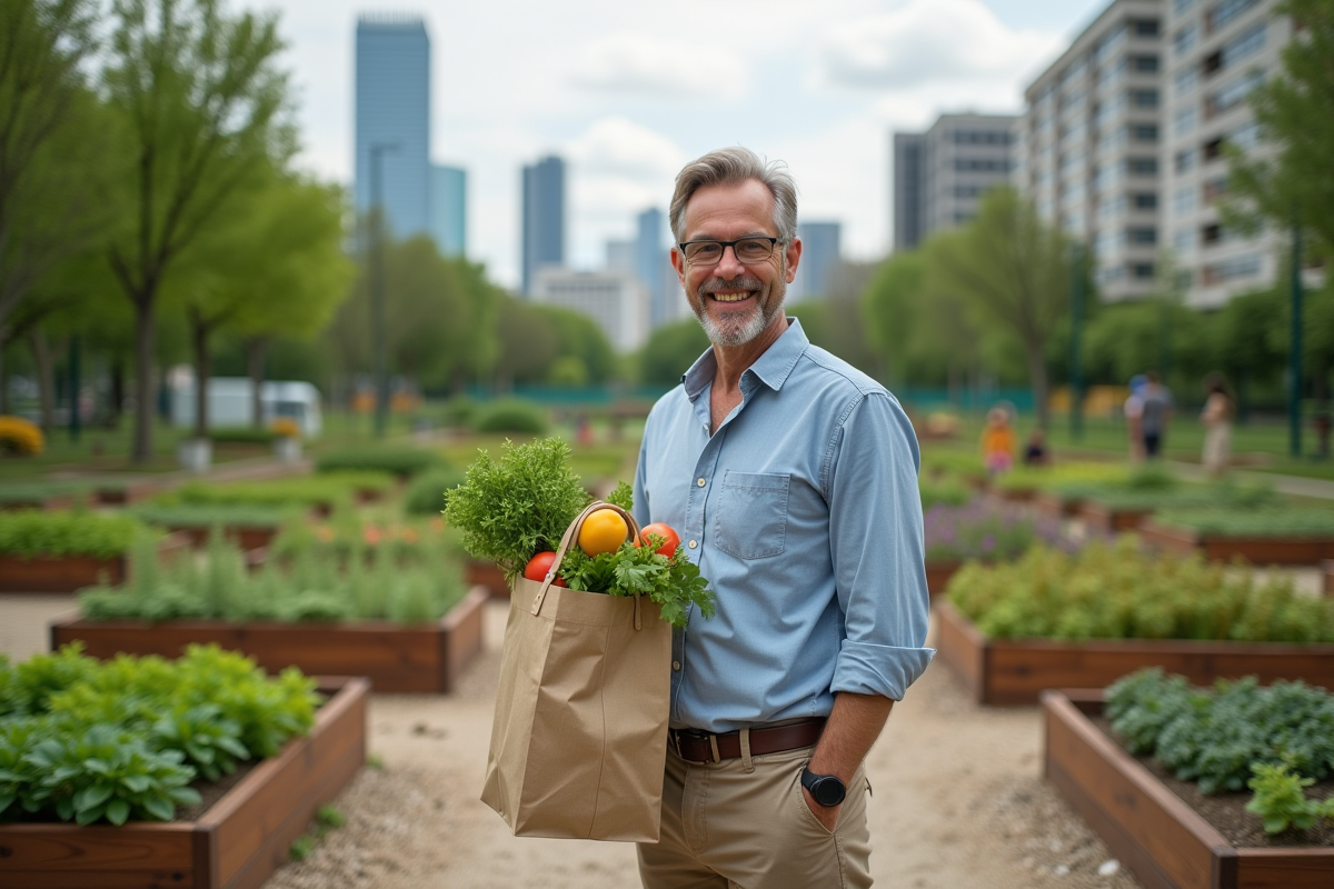 Homme avec sac de courses dans un jardin communautaire