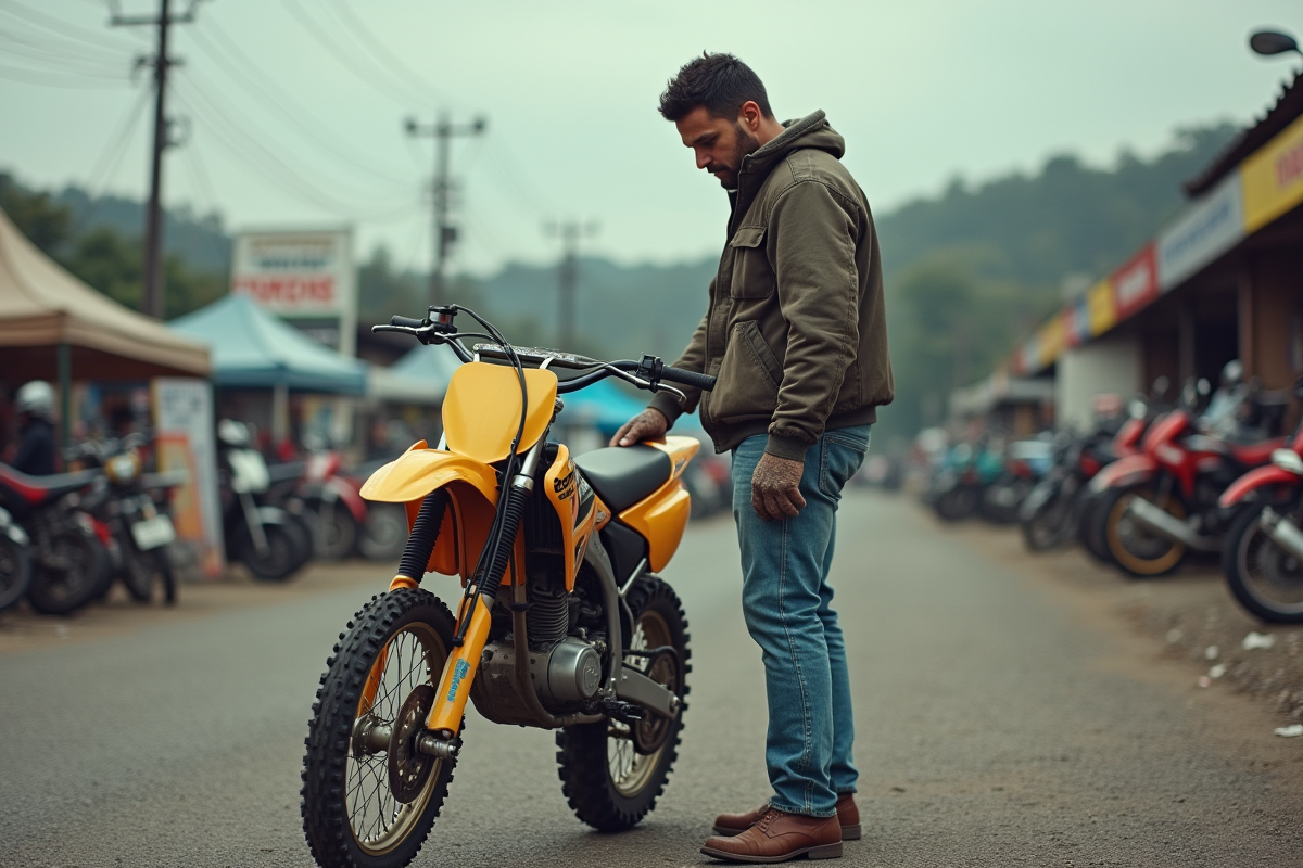 Homme vérifiant les pneus d'une moto 125cc en extérieur