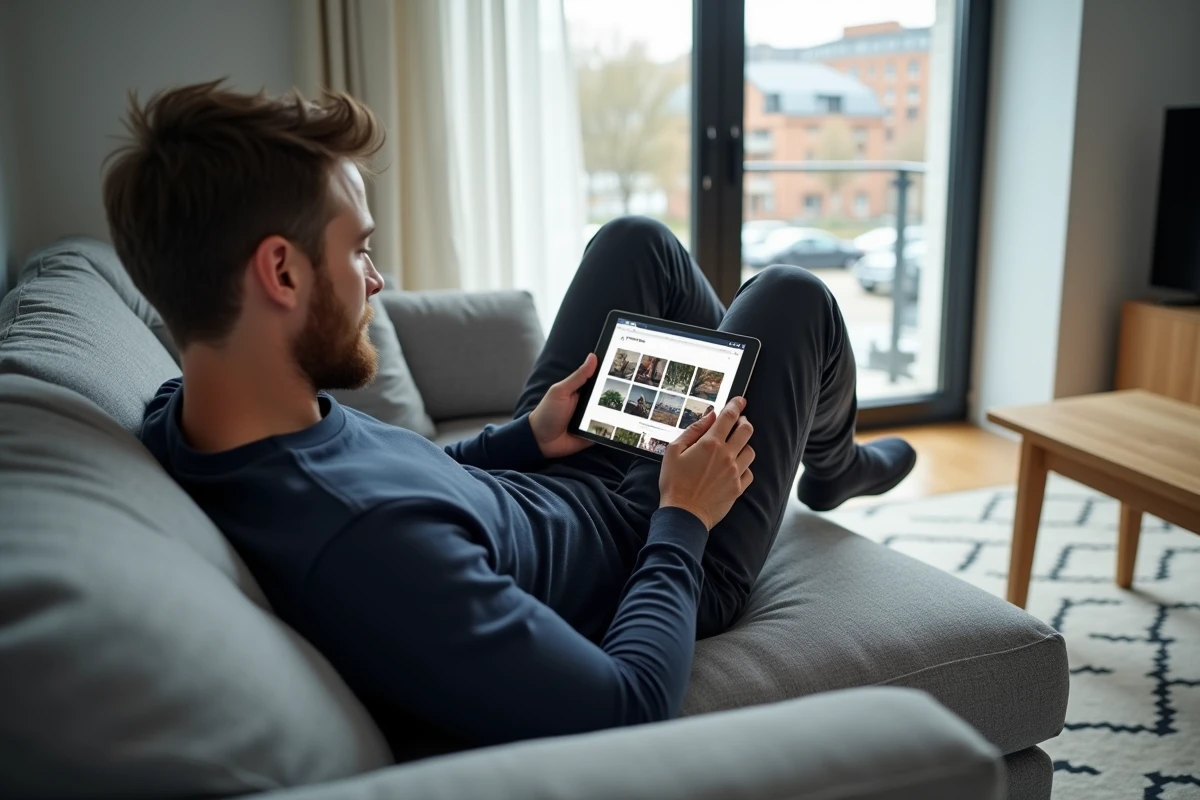 Homme naviguant sur Scrolller pour suivre des subreddits depuis son canapé avec une tablette