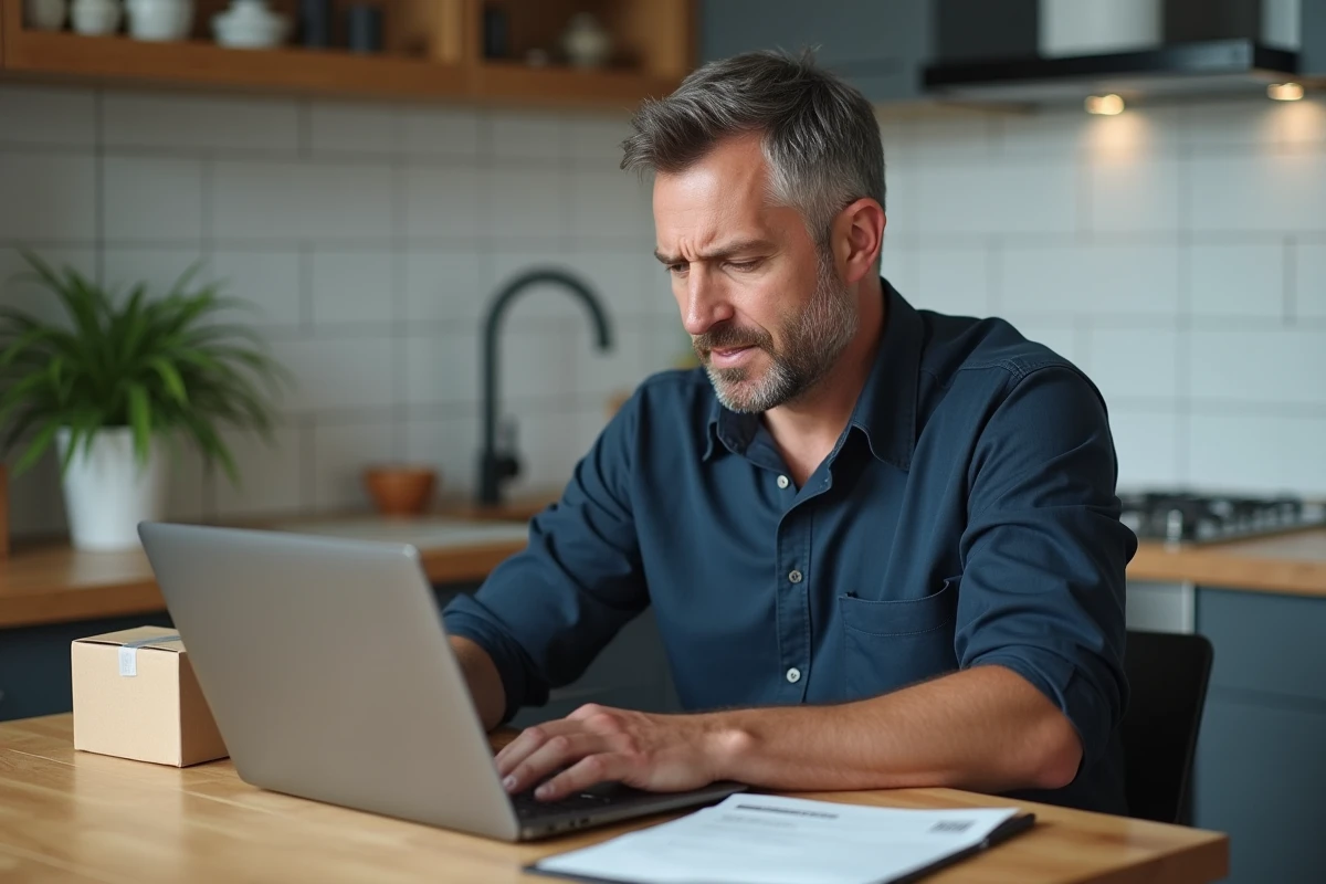 Homme consultant son ordinateur portable avec une facture AliExpress et un colis sur la table