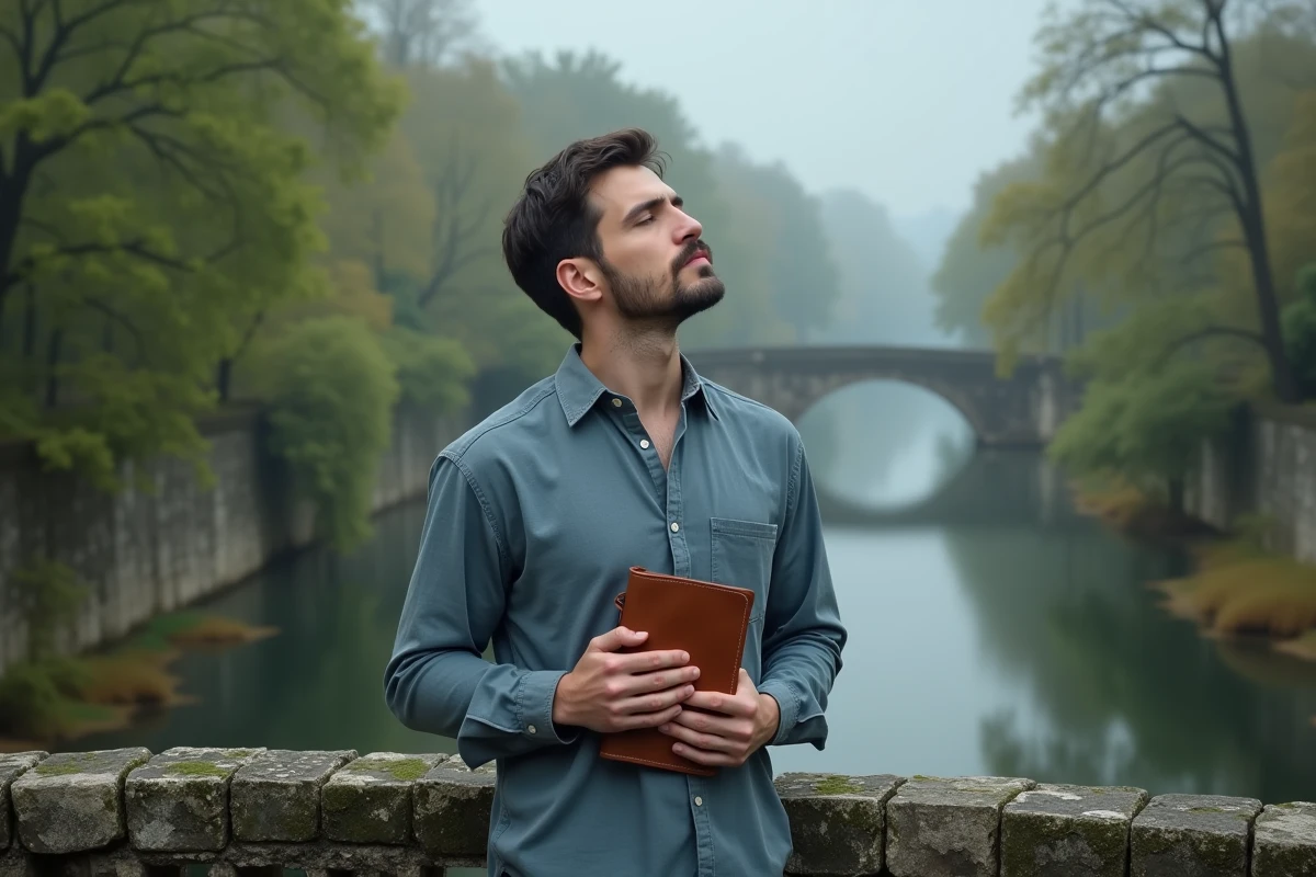 Homme en méditation sur un pont de pierre tenant un journal, symbolisant la quête de sens et le message spirituel du 11h22