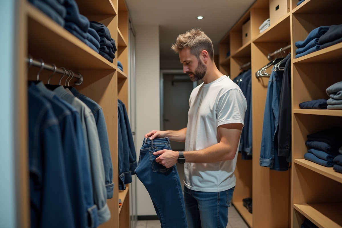 Homme vérifiant un jean dans une armoire moderne