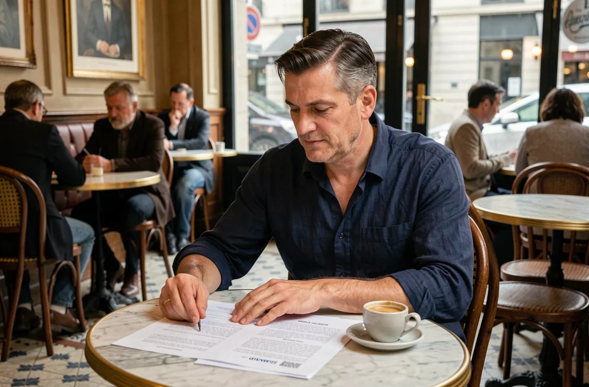 Homme d'âge moyen révisant des fiches d'expressions françaises dans un café parisien avec une tasse d'espresso
