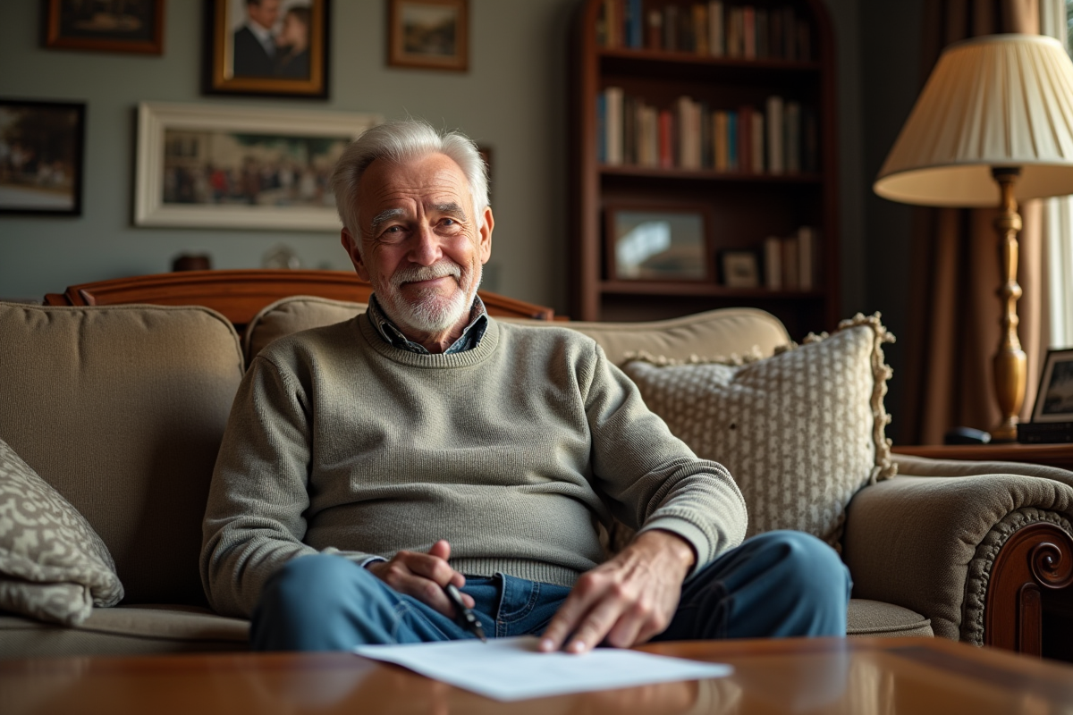 Homme âgé signant un document dans un salon lumineux