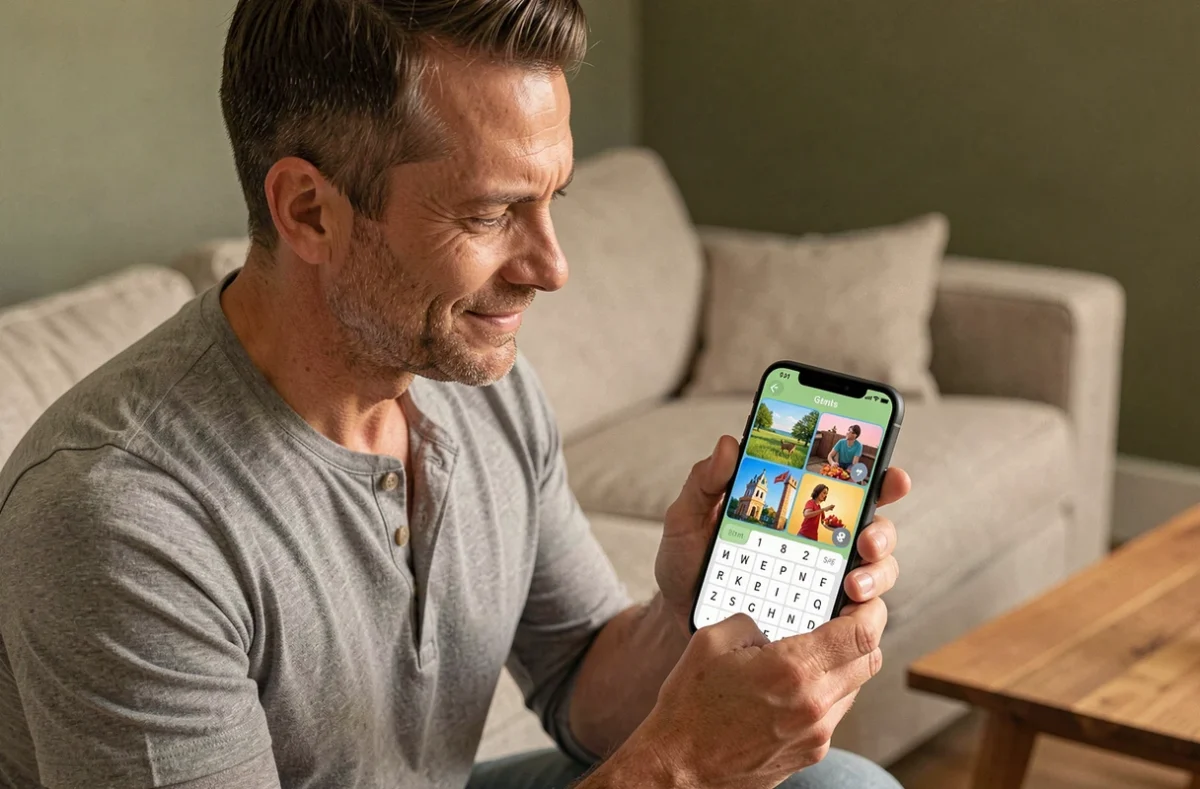 Homme utilisant une application mobile du jeu 4 images 1 mot sur smartphone, résolvant une énigme de 9 lettres
