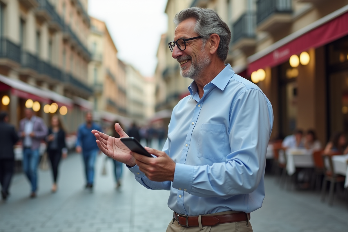 Homme en ville utilisant un traducteur dans une place animée