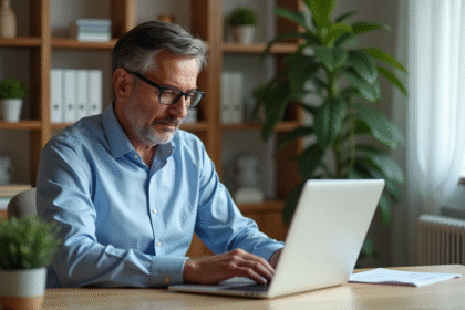 Homme d'âge moyen travaillant sur finances à domicile