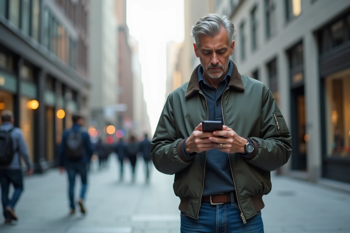 Homme dans la rue utilisant son smartphone avec scepticisme