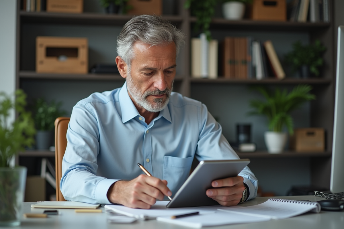 Homme vérifiant ses comptes sur une tablette dans un bureau