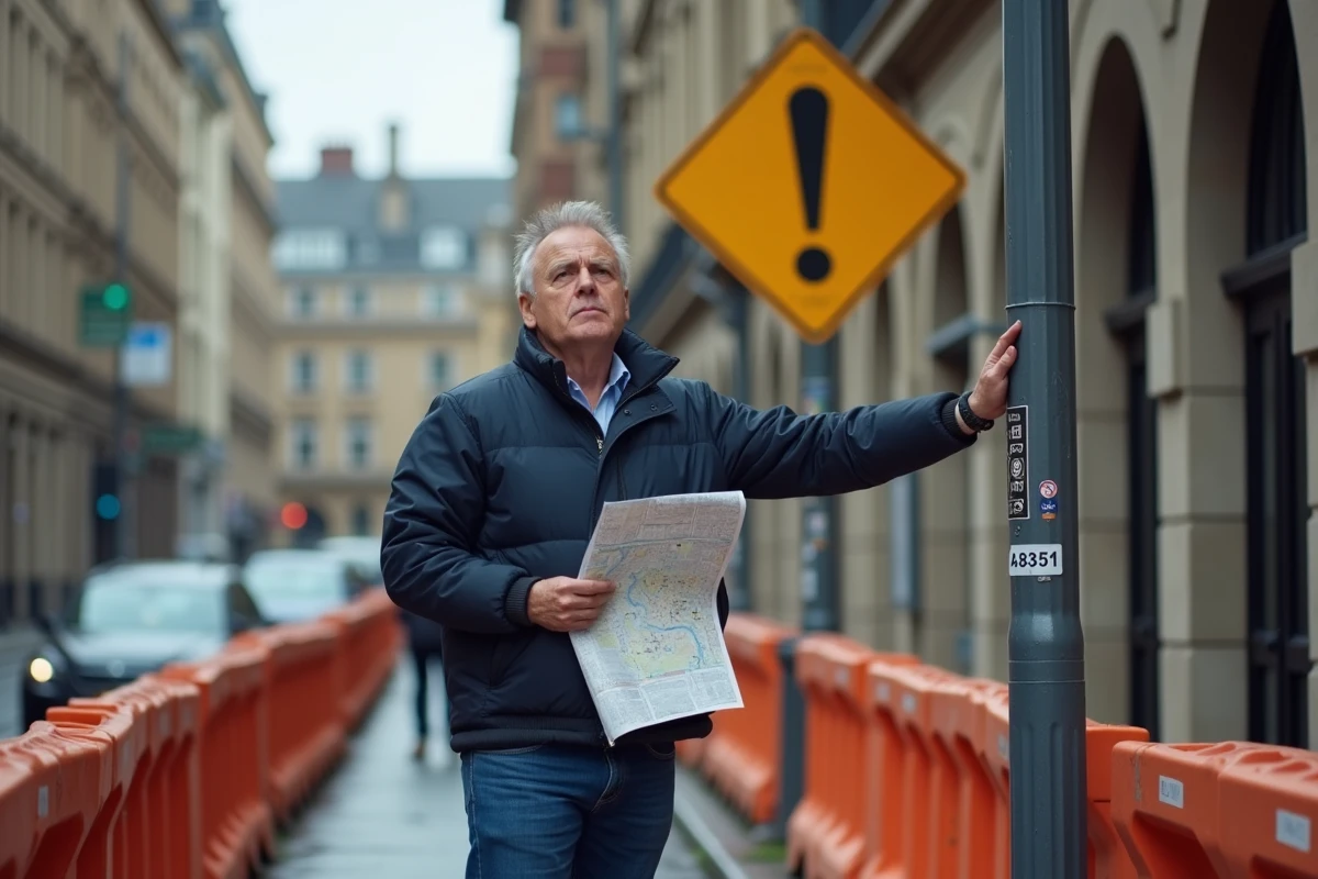 Homme d'âge moyen avec carte urbaine et panneau de signalisation