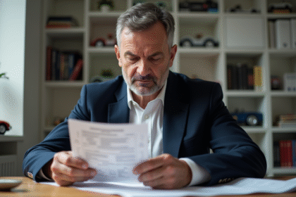 Homme d'âge moyen étudiant un document d'immatriculation vintage