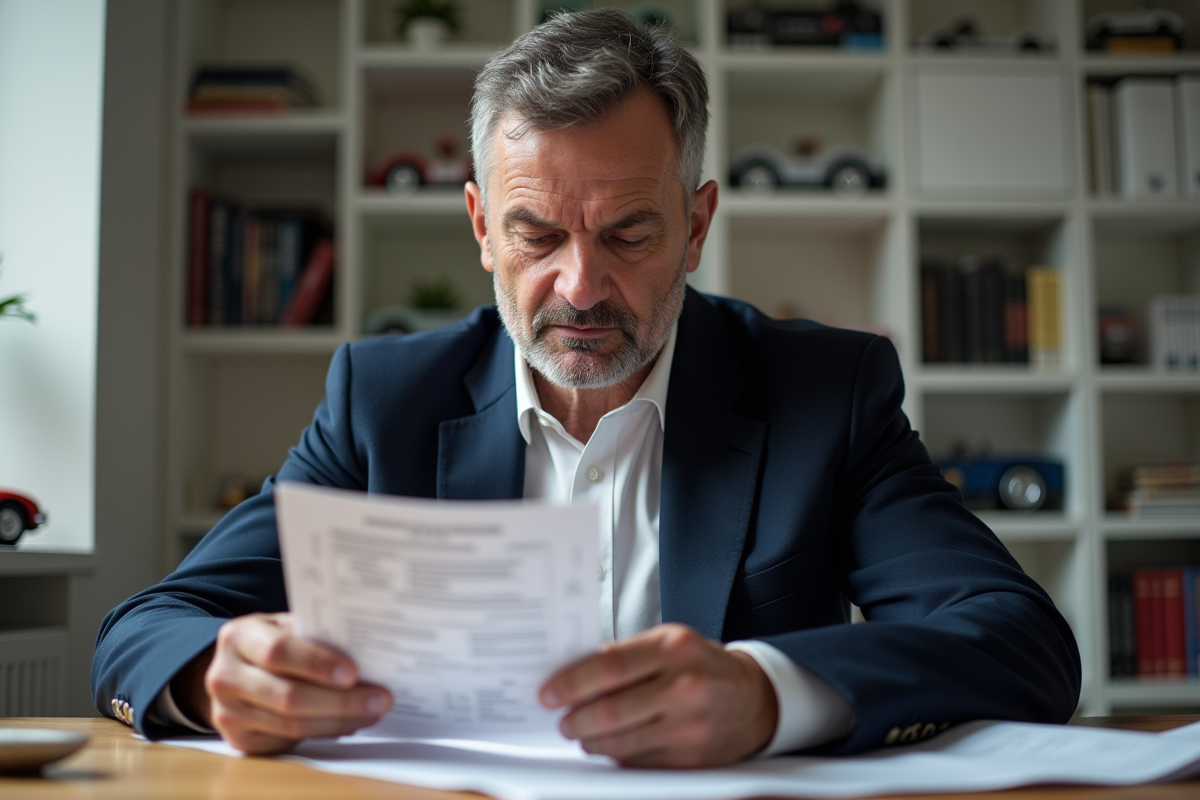 Homme d'âge moyen étudiant un document d'immatriculation vintage