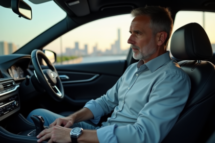 Homme d'âge moyen dans une voiture moderne en conduite