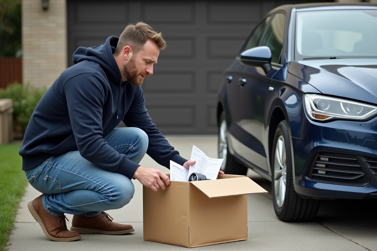 Homme examine un carton de pièces auto dans la cour