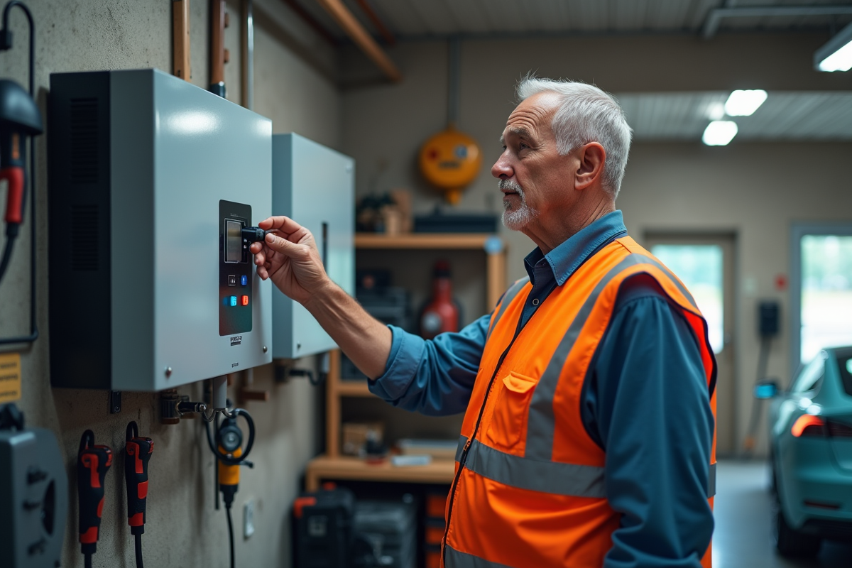 Ingénieur vérifiant un système de batterie dans un garage