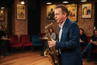 Saxophoniste jazz homme dans un club parisien