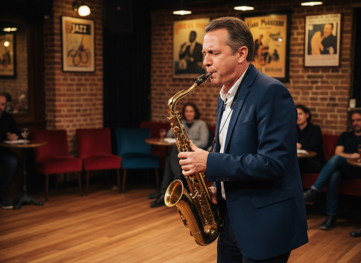 Saxophoniste jazz homme dans un club parisien