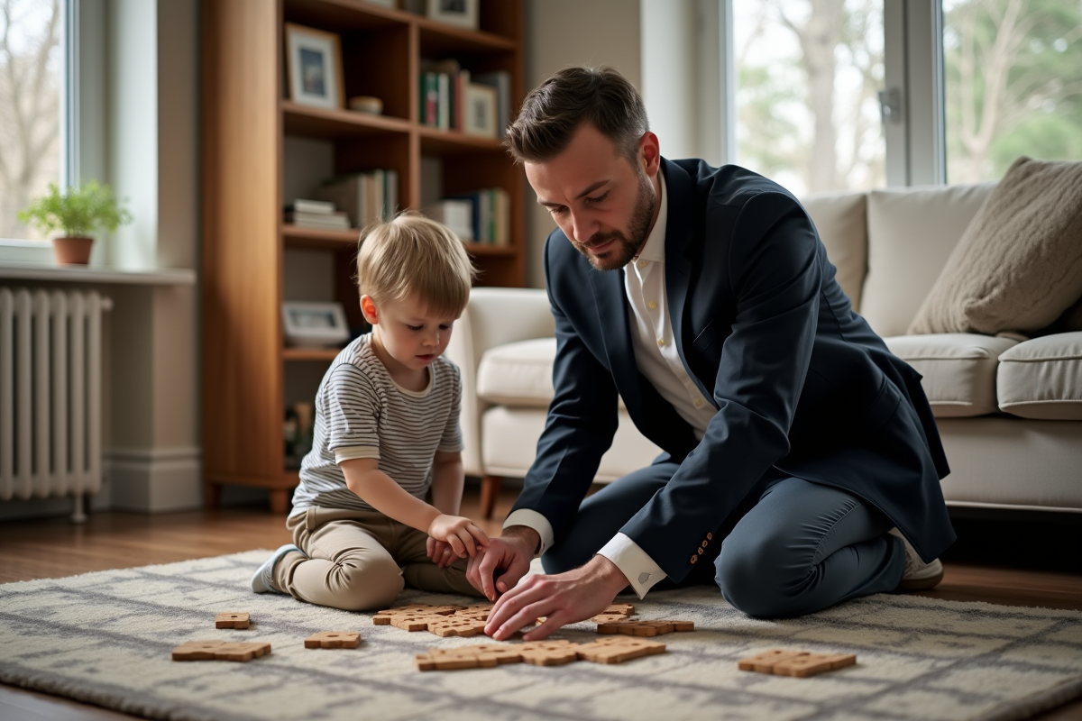 Adulte et enfant jouent à un puzzle dans un salon chaleureux