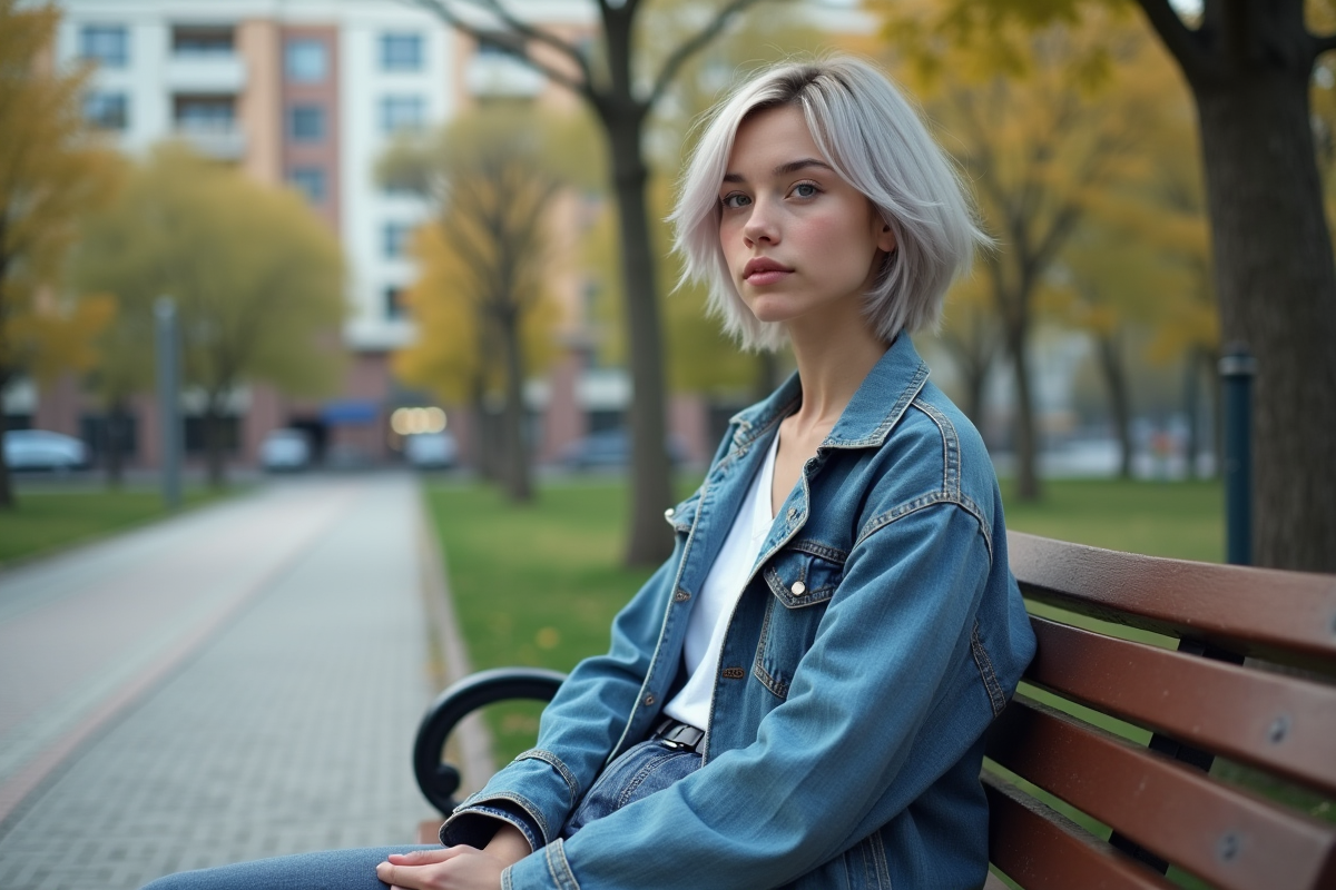 Jeune demigirl assise sur un banc dans un parc urbain